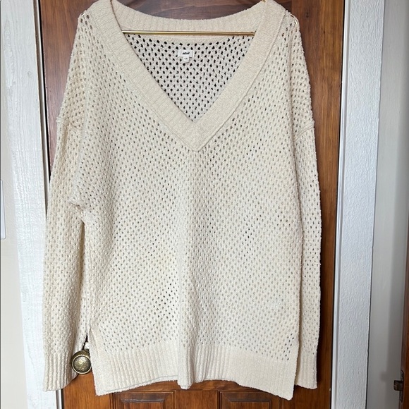 AERIE | Open Knit V Neck Sweater in Toasted Coconut | Large - Picture 1 of 8